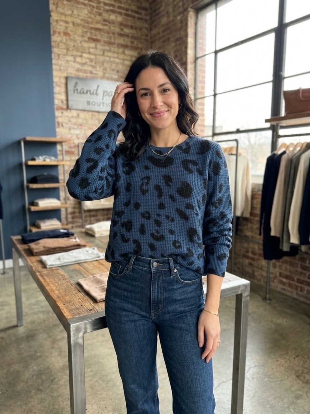White + Warren Blue and Black Leopard-Print Crewneck Sweater